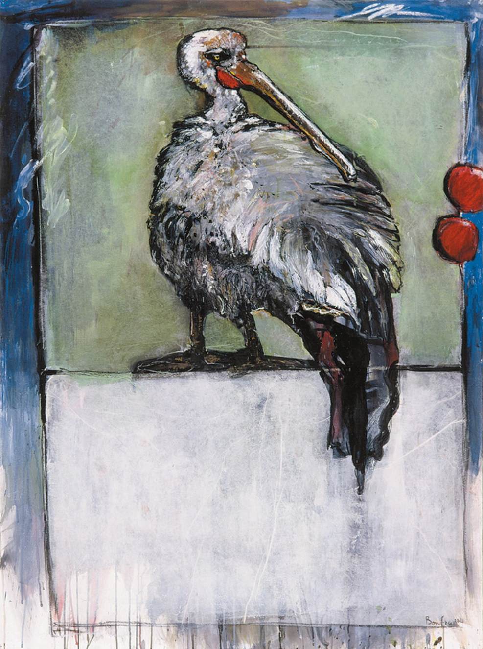 7 r04 01 l oiseau et les fruits rouges encre acrylique huile et pastel l huile sur papier maroufl sur toile 130 x 97cm 2004 jpg 1